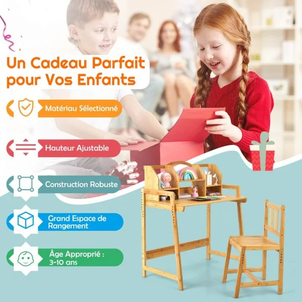 Bureau d'Enfant avec Chaise - Evolutif avec Petite Bibliothèque pour Rangement en Bambou Ecologiste Naturel