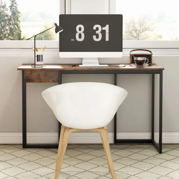 Bureau d'Ordinateur 120*55cm Tiroir Cadre en Métal Repose-pieds Réglables Bureau Moderne Station de Travail pour Ordinateur Portable Café