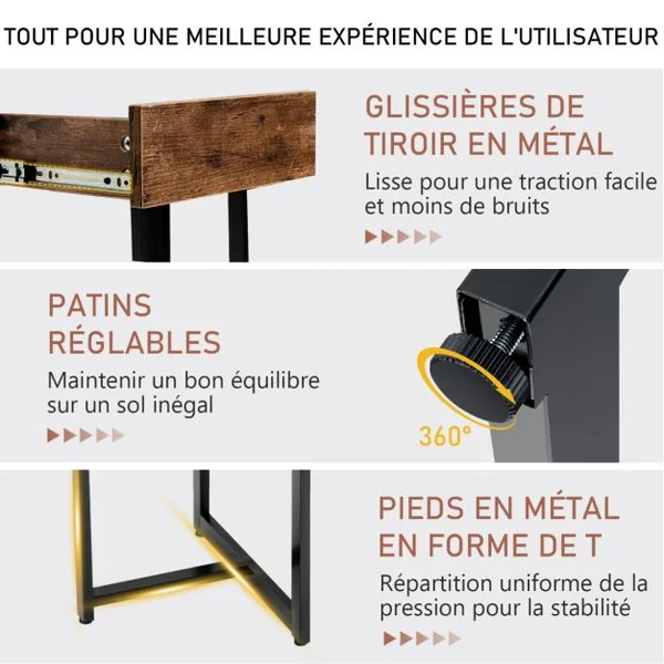 Bureau d'Ordinateur 120*55cm Tiroir Cadre en Métal Repose-pieds Réglables Bureau Moderne Station de Travail pour Ordinateur Portable Café