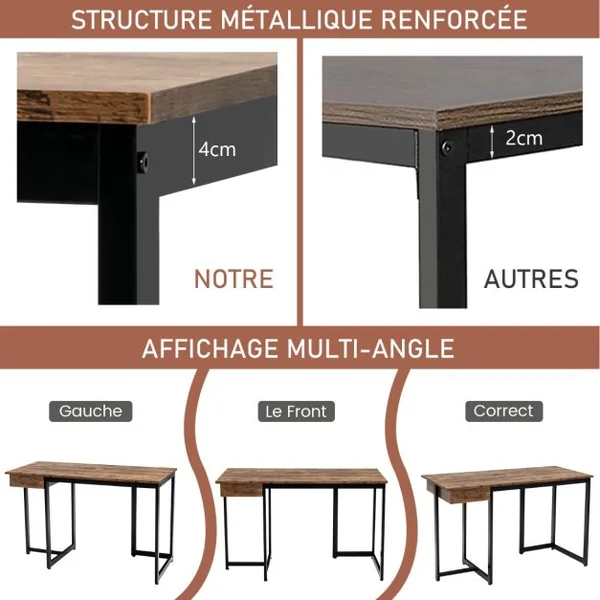 Bureau d'Ordinateur 120*55cm Tiroir Cadre en Métal Repose-pieds Réglables Bureau Moderne Station de Travail pour Ordinateur Portable Café