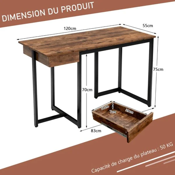 Bureau d'Ordinateur 120*55cm Tiroir Cadre en Métal Repose-pieds Réglables Bureau Moderne Station de Travail pour Ordinateur Portable Café