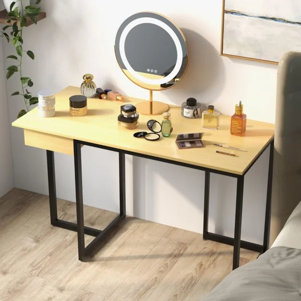 Bureau d'Ordinateur 120*55cm Tiroir Cadre en Métal Repose-pieds Réglables Bureau Moderne Station de Travail pour Ordinateur Portable Naturel