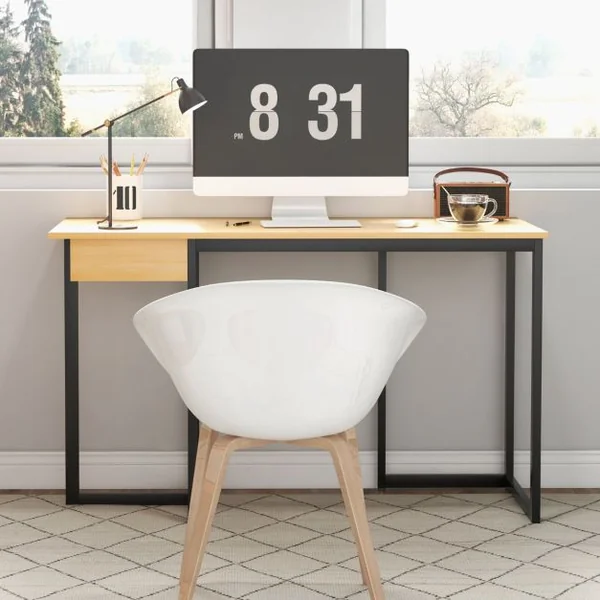 Bureau d'Ordinateur 120*55cm Tiroir Cadre en Métal Repose-pieds Réglables Bureau Moderne Station de Travail pour Ordinateur Portable Naturel