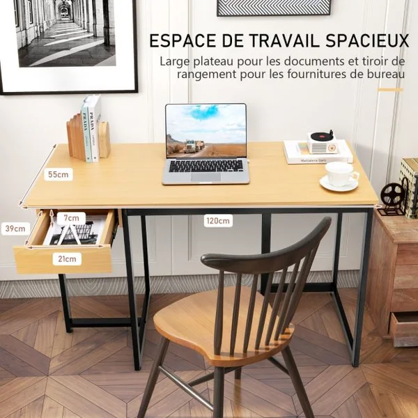 Bureau d'Ordinateur 120*55cm Tiroir Cadre en Métal Repose-pieds Réglables Bureau Moderne Station de Travail pour Ordinateur Portable Naturel