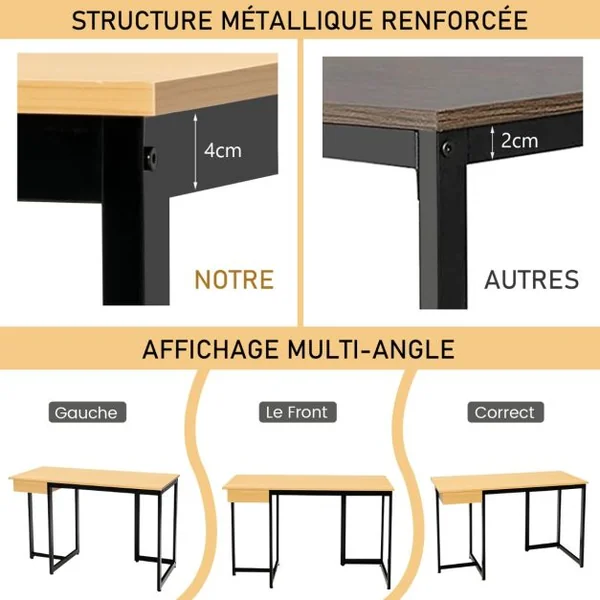 Bureau d'Ordinateur 120*55cm Tiroir Cadre en Métal Repose-pieds Réglables Bureau Moderne Station de Travail pour Ordinateur Portable Naturel