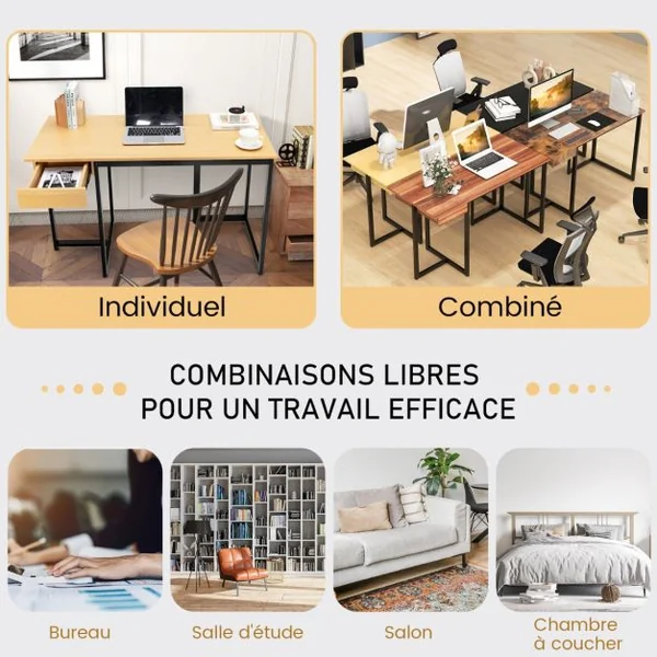 Bureau d'Ordinateur 120*55cm Tiroir Cadre en Métal Repose-pieds Réglables Bureau Moderne Station de Travail pour Ordinateur Portable Naturel