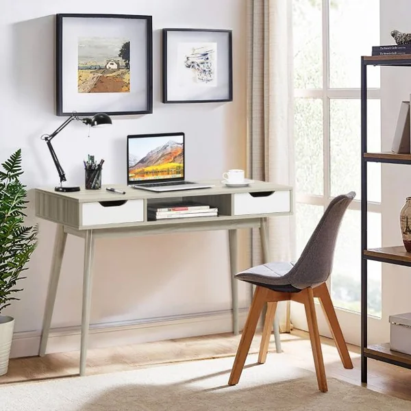 Bureau d'Ordinateur avec 2 Tiroirs de Rangement, Table d'Ordinateur Portable Moderne avec Pieds en Bois Massif Gris