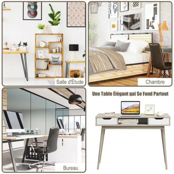 Bureau d'Ordinateur avec 2 Tiroirs de Rangement, Table d'Ordinateur Portable Moderne avec Pieds en Bois Massif Gris