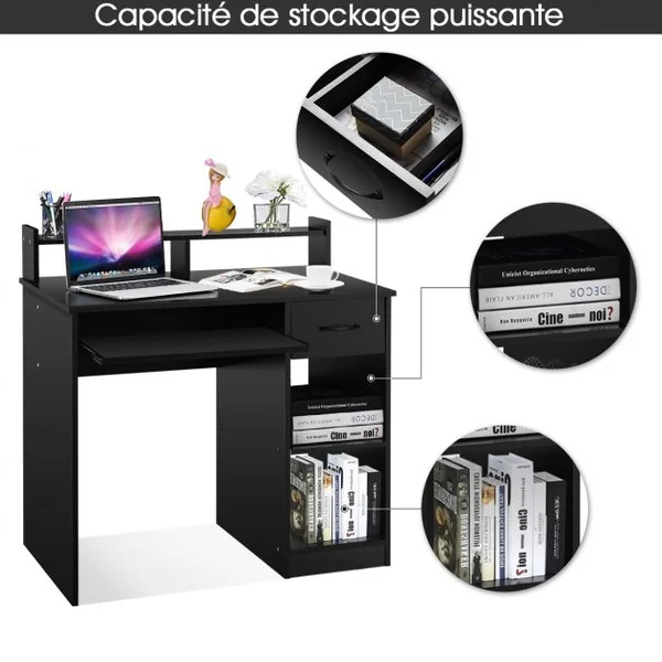 Bureau d'Ordinateur avec Tiroir de Rangement et 2 Etagères Bureau Informatique avec Plateau à Clavier