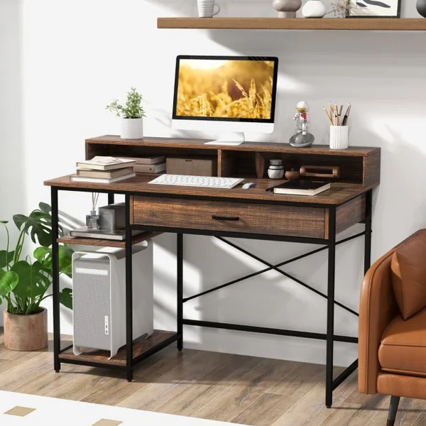 Bureau d'Ordinateur avec Étagère & Tiroir 120 x 56 x 90,5 cm Marron