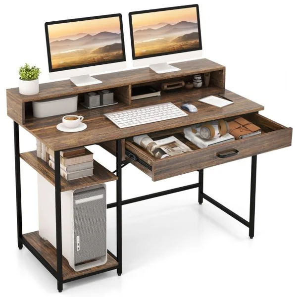 Bureau d'Ordinateur avec Étagère & Tiroir 120 x 56 x 90,5 cm Marron