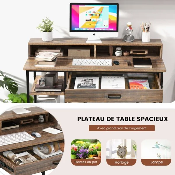 Bureau d'Ordinateur avec Étagère & Tiroir 120 x 56 x 90,5 cm Marron