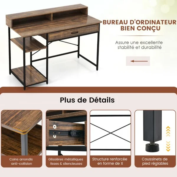 Bureau d'Ordinateur avec Étagère & Tiroir 120 x 56 x 90,5 cm Marron