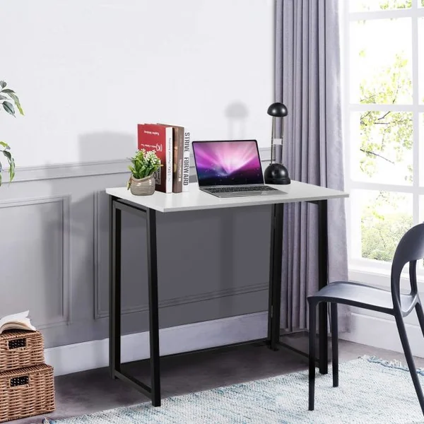 Bureau d'Ordinateur en Bois Pliable Table de Bueau Rectangulaire Cadre en Acier sans Assemblage Blanc