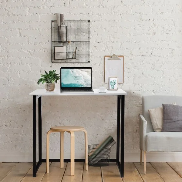 Bureau d'Ordinateur en Bois Pliable Table de Bueau Rectangulaire Cadre en Acier sans Assemblage Blanc