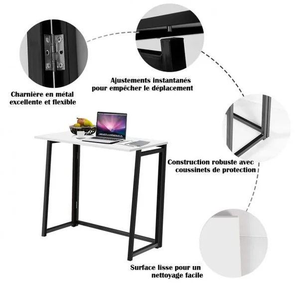 Bureau d'Ordinateur en Bois Pliable Table de Bueau Rectangulaire Cadre en Acier sans Assemblage Blanc