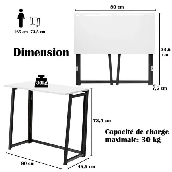 Bureau d'Ordinateur en Bois Pliable Table de Bueau Rectangulaire Cadre en Acier sans Assemblage Blanc