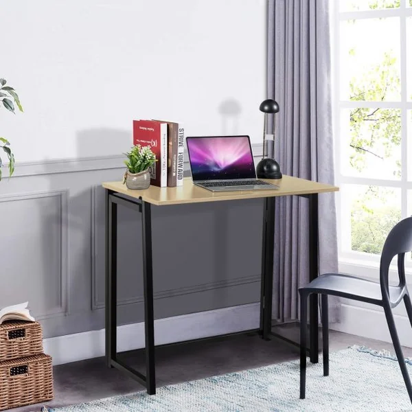 Bureau d'Ordinateur en Bois Pliable Table de Bueau Rectangulaire Cadre en Acier sans Assemblage Naturel