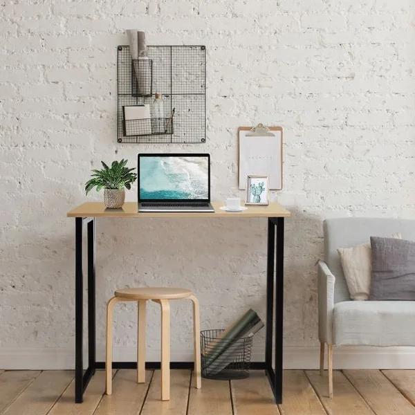 Bureau d'Ordinateur en Bois Pliable Table de Bueau Rectangulaire Cadre en Acier sans Assemblage Naturel
