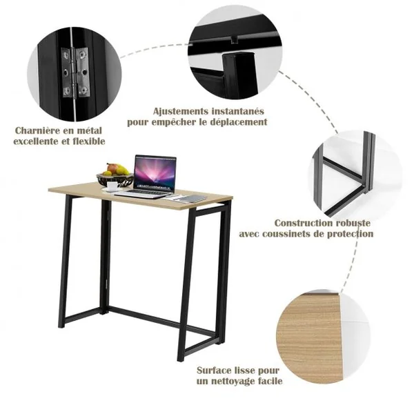 Bureau d'Ordinateur en Bois Pliable Table de Bueau Rectangulaire Cadre en Acier sans Assemblage Naturel