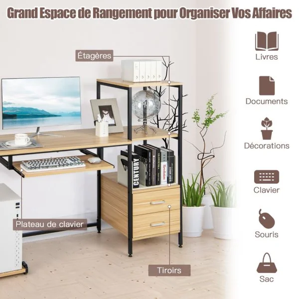 Bureau d'Ordinateur Industriel 3 Étagères de Rangement 2 Tiroirs 140x50x110CM Table Informatique Patins Réglables Naturel