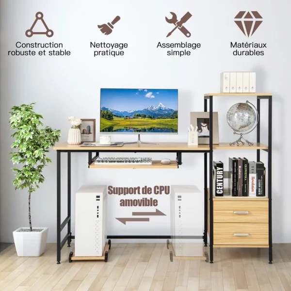 Bureau d'Ordinateur Industriel 3 Étagères de Rangement 2 Tiroirs 140x50x110CM Table Informatique Patins Réglables Naturel