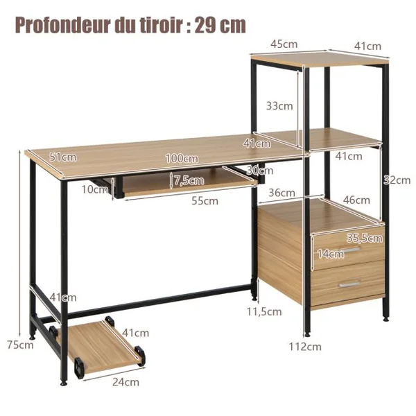 Bureau d'Ordinateur Industriel 3 Étagères de Rangement 2 Tiroirs 140x50x110CM Table Informatique Patins Réglables Naturel