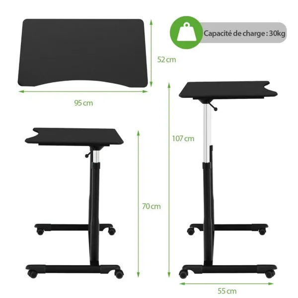 Bureau d'Ordinateur Table PC avec Roulettes Hauteur Ajustable Idéal pour Domicile au Bureau Café