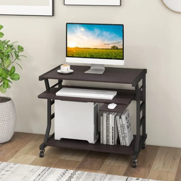 Bureau d'Ordinateur à Roulettes pour Petits Espaces Bureau d'Ordinateur Mobile de 75 cm Plateau pour Clavier Extractible Plateau pour Souris Marron