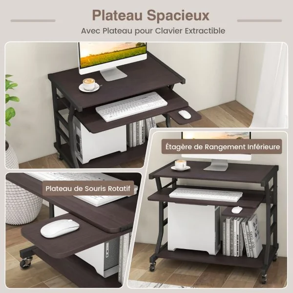 Bureau d'Ordinateur à Roulettes pour Petits Espaces Bureau d'Ordinateur Mobile de 75 cm Plateau pour Clavier Extractible Plateau pour Souris Marron