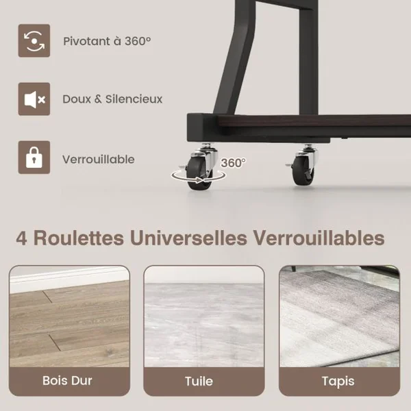 Bureau d'Ordinateur à Roulettes pour Petits Espaces Bureau d'Ordinateur Mobile de 75 cm Plateau pour Clavier Extractible Plateau pour Souris Marron