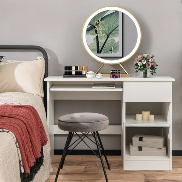 Bureau Droit 108 x 48 x 75 CM (L x l x H) Plateau Clavier Coulissant 1 Grand Tiroir 1 Étagère Réglable et Amovible Blanc