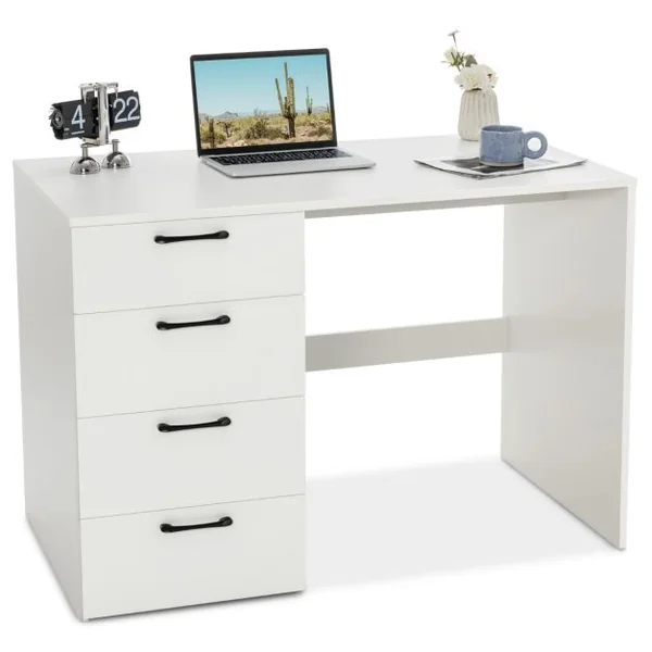 Bureau Droit avec 4 Tiroirs MDF Finition Mélaminé et Laqué UV - L110 x P60 x H76 cm- Brillance Blanche