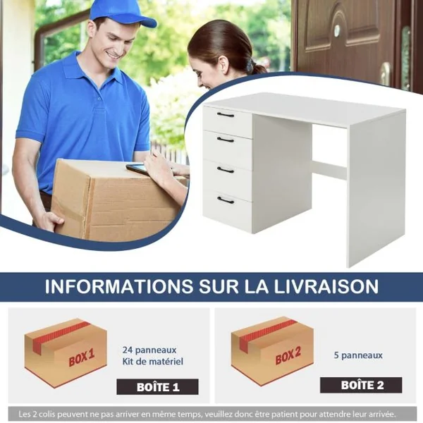 Bureau Droit avec 4 Tiroirs MDF Finition Mélaminé et Laqué UV - L110 x P60 x H76 cm- Brillance Blanche