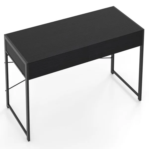 Bureau en Bois et Acier avec 2 Tiroirs 112x48x76CM Design Rétro Poste de Travail Noir