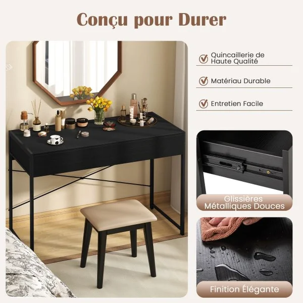 Bureau en Bois et Acier avec 2 Tiroirs 112x48x76CM Design Rétro Poste de Travail Noir