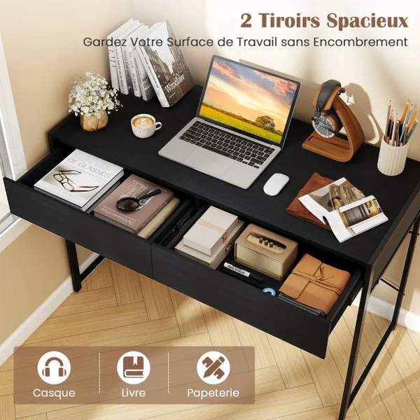 Bureau en Bois et Acier avec 2 Tiroirs 112x48x76CM Design Rétro Poste de Travail Noir