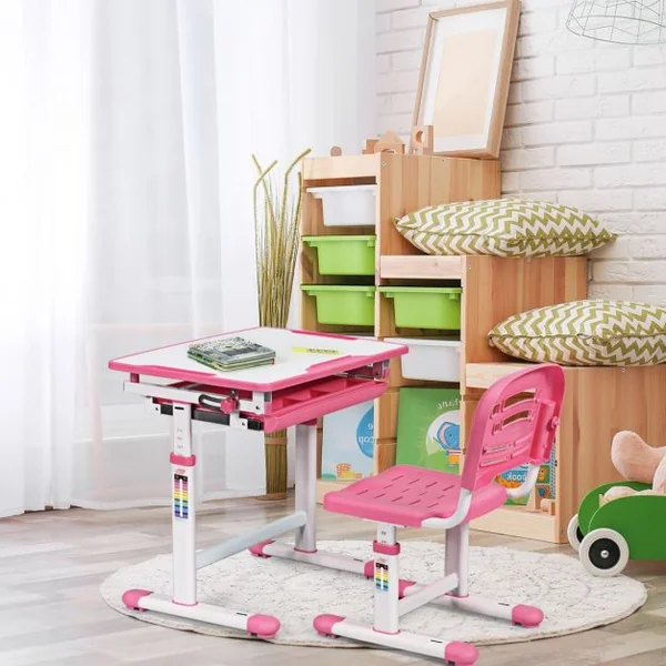 Bureau Enfant Ergonomique Hauteur et angle réglable 0-40° Ensemble Table avec Chaises Table à Dessin avec 1 Tiroir, Rose