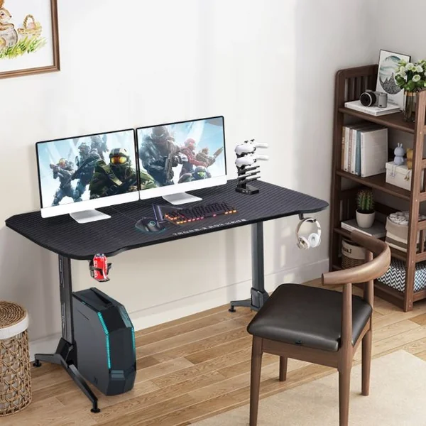 Bureau Gamer Hauteur Réglable Surface en Fibre de Carbone avec Tapis de Souris Intégral 2 Passe-câbles Crochet pour Casque