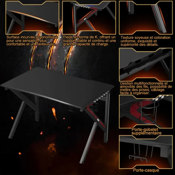 Bureau Gamer Table Informatique 115 x 75 x 76 CM avec Porte-Gobelet Stable K Cadre en Acier Robuste Noir