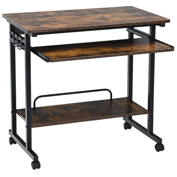 Bureau Gamer/Table Informatique à roulettes 3 Tablettes et Porte Casque 80 x 50 x 75 CM Marron Rustique