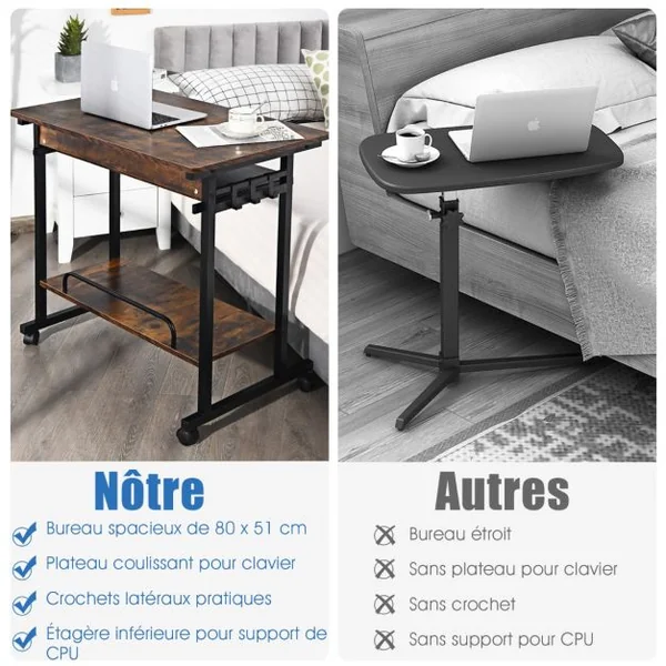 Bureau Gamer/Table Informatique à roulettes 3 Tablettes et Porte Casque 80 x 50 x 75 CM Marron Rustique