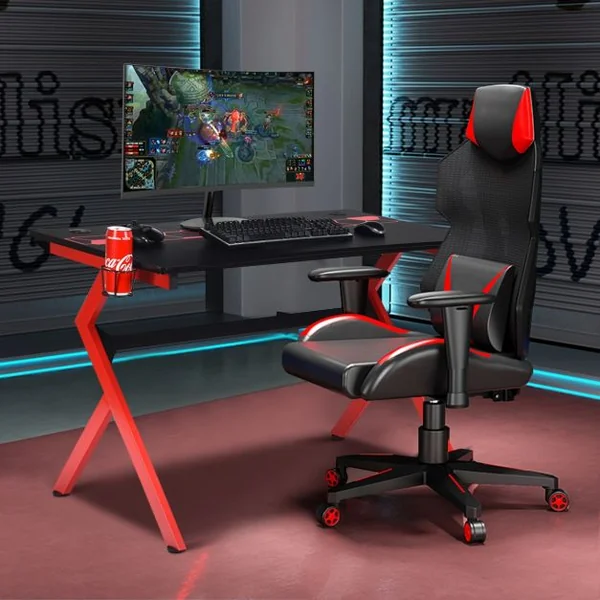Bureau Gaming Bureau de Jeu pour Gamer Crochet pour Casque Porte-gobelet en MDF Tubes en Acier 115x66x77cm Noir+Rouge