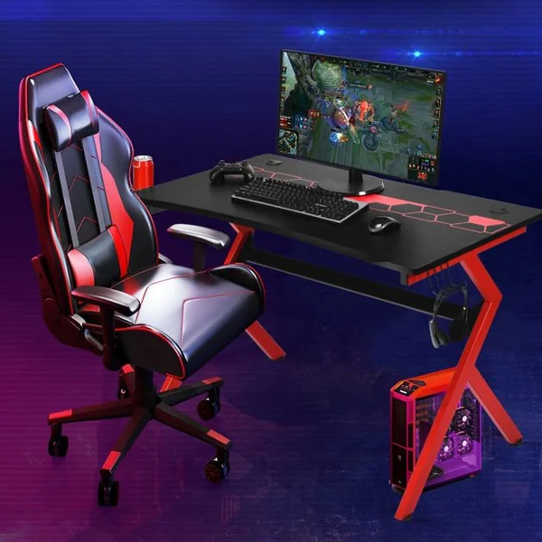 Bureau Gaming Bureau de Jeu pour Gamer Crochet pour Casque Porte-gobelet en MDF Tubes en Acier 115x66x77cm Noir+Rouge