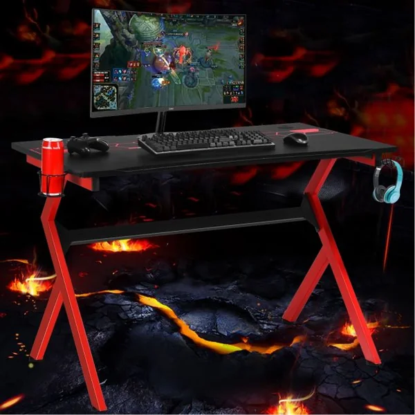 Bureau Gaming Bureau de Jeu pour Gamer Crochet pour Casque Porte-gobelet en MDF Tubes en Acier 115x66x77cm Noir+Rouge