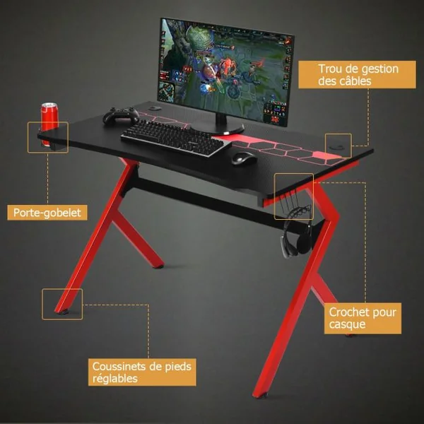 Bureau Gaming Bureau de Jeu pour Gamer Crochet pour Casque Porte-gobelet en MDF Tubes en Acier 115x66x77cm Noir+Rouge