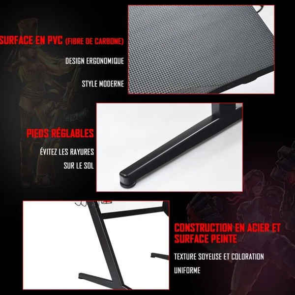 Bureau Gaming Bureau de Jeu pour Gamer Porte Gobelet et Écouteur Tapis de Souris en Mdf et Fer 115x60x76cm Noir