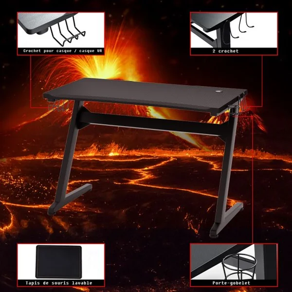 Bureau Gaming Bureau de Jeu pour Gamer Porte Gobelet et Écouteur Tapis de Souris en Mdf et Fer 115x60x76cm Noir