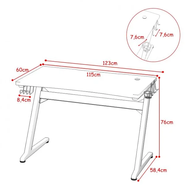 Bureau Gaming Bureau de Jeu pour Gamer Porte Gobelet et Écouteur Tapis de Souris en Mdf et Fer 115x60x76cm Noir