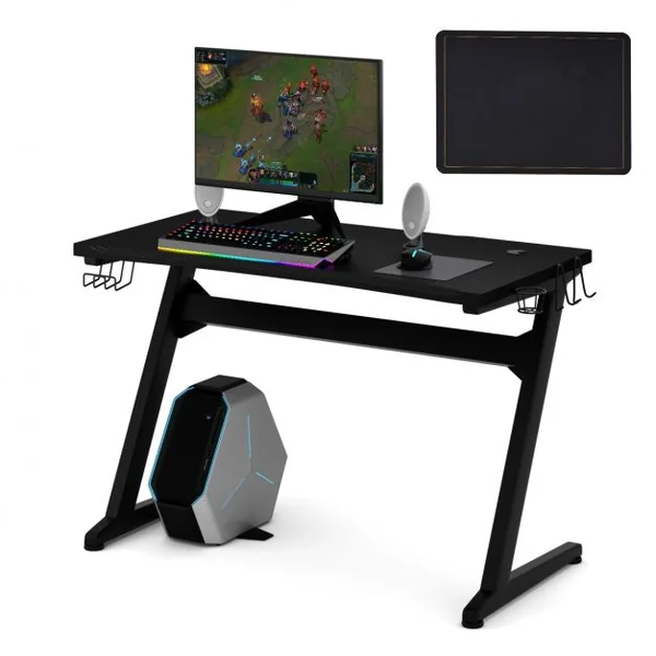 Bureau Gaming Bureau de Jeu pour Gamer Porte Gobelet et Écouteur Tapis de Souris en Mdf et Fer 115x60x76cm Noir